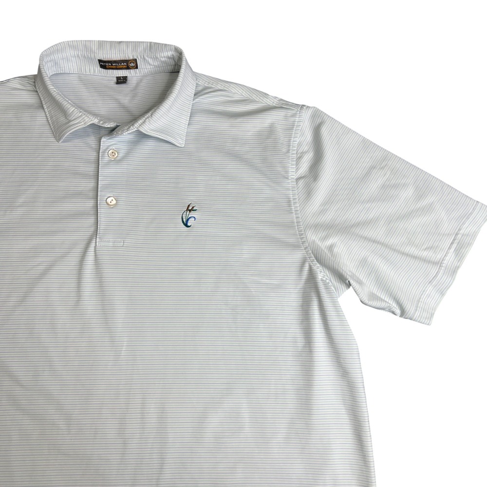 Peter Millar Summer Comfort Polo Shirt Mens Large Blue Stripe Golf Cattail Logo